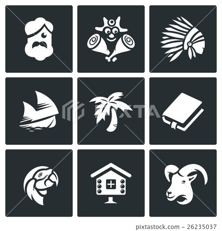 Vector Set of Life on Desert Island Icons.  26235037