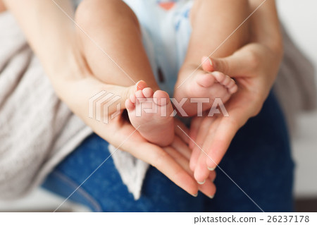 Newborn baby legs in mother hands, close-up Newborn baby legs in mother hands, close-up 26237178