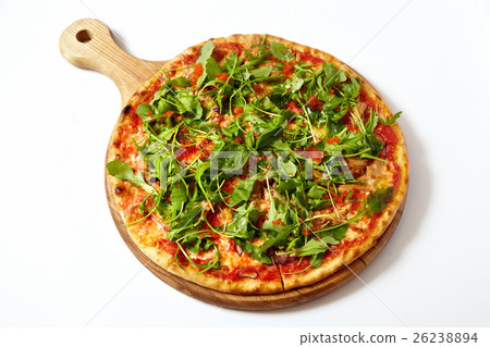 Pizza with seafood and arugula isolated on white 26238894