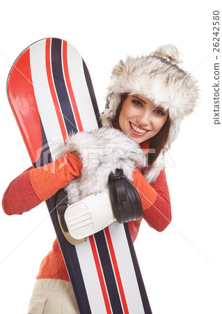 model wearing winter suit holding a snowboard 26242580