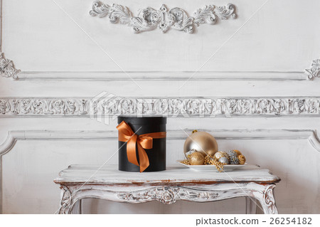 Wrapped gift black boxes with ribbons as Christmas Wrapped gift black boxes with ribbons as Christmas 26254182