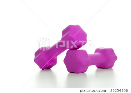 Fitness concept with two pink dumbbells on white  26254306