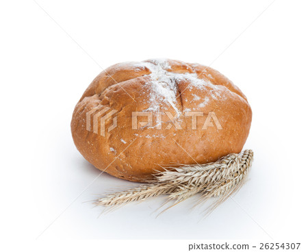 Homemade whole round bread and stalks of wheat Homemade whole round bread and stalks of wheat 26254307