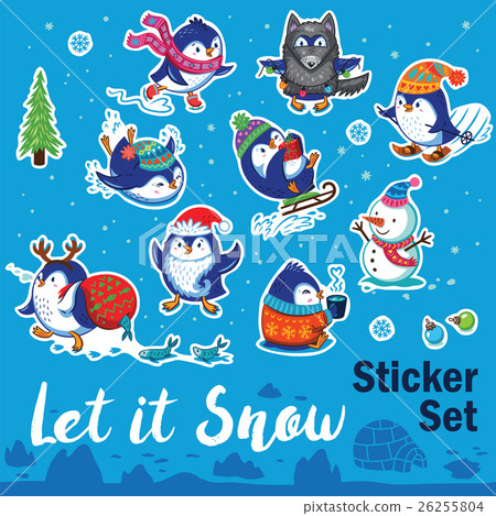 Snow sticker set with cartoon penguins, snowman 26255804