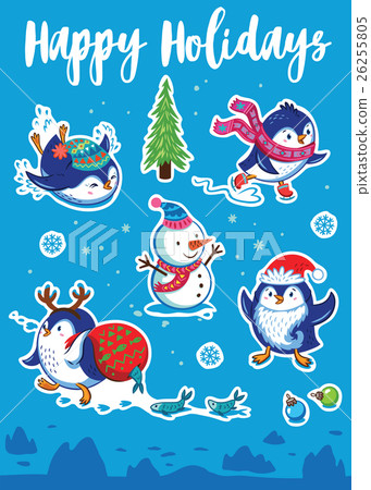 Snow sticker set with cartoon penguins, snowman Snow sticker set with cartoon penguins, snowman 26255805