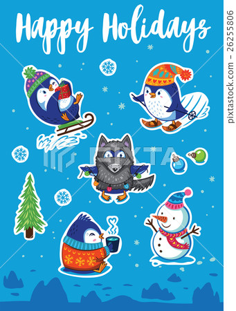 Snow sticker set with cartoon penguins, snowman 26255806