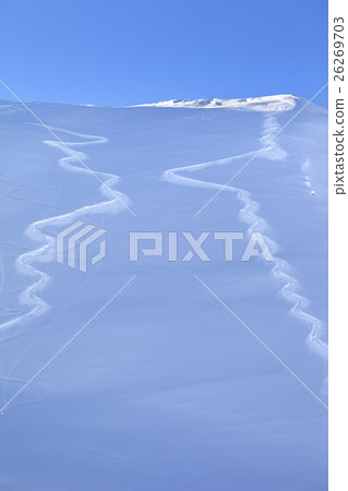 Two traces from ski on off-piste slope in morning 26269703