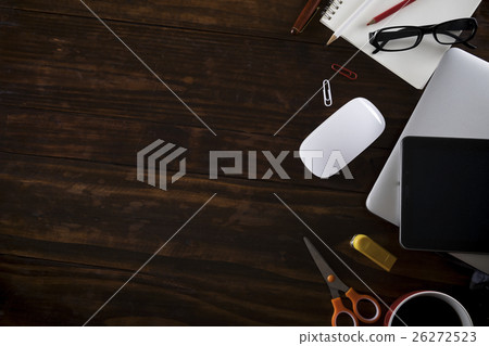 Topview of wooden working office desktop. Topview of wooden working office desktop. 26272523