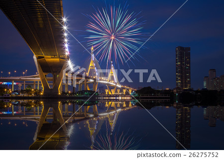 Under view of Bhumibol Bridge with fireworks 26275752