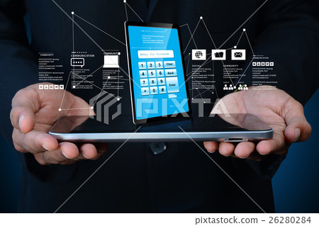 Man hand showing Tablet pcwith password protection Man hand showing Tablet pcwith password protection 26280284