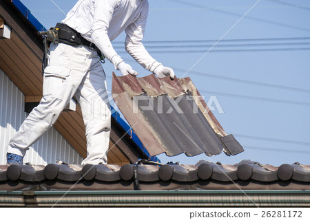 Roof construction Re-roofing roof tiles Peel off old tiles and carry 26281172