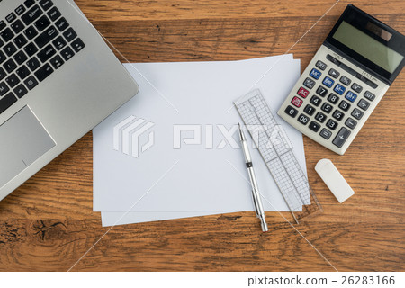 Laptop, paper pen Ruler Calculator and Eraser Laptop, paper pen Ruler Calculator and Eraser 26283166