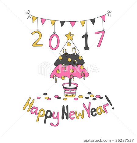 Happy New Year greeting card with spruce. Happy New Year greeting card with spruce. 26287537