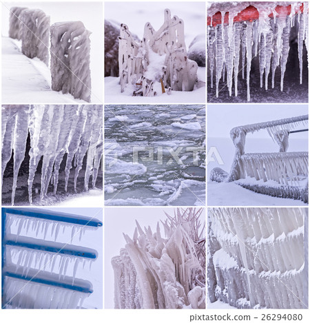 Photo collage of cold winter days with many icicle Photo collage of cold winter days with many icicle 26294080