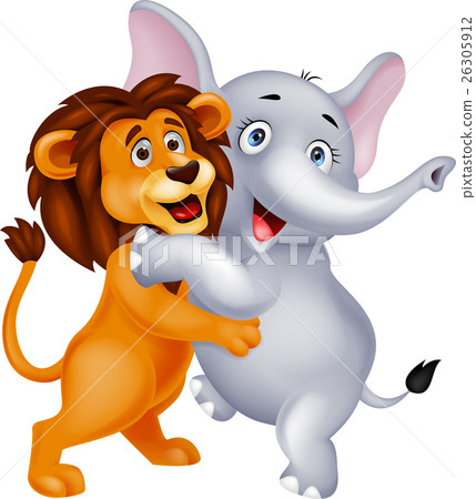 Cute elephant and lion hugging each other 26305912