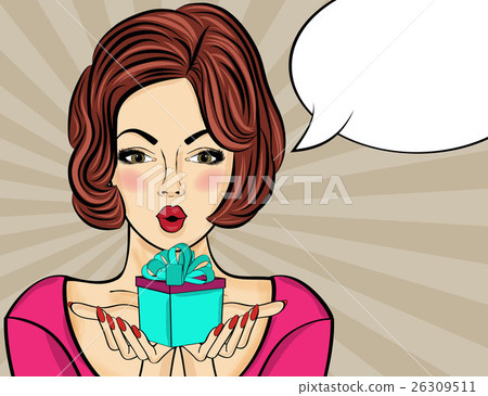 Surprised pop art woman that holds a gift Surprised pop art woman that holds a gift 26309511