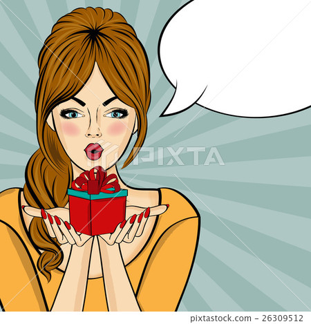 Surprised pop art woman that holds a gift Surprised pop art woman that holds a gift 26309512