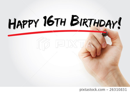 Hand writing Happy 16th birthday with marker 26310831