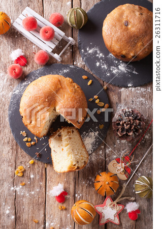 fruit bread panettone and christmas decoration 26311716