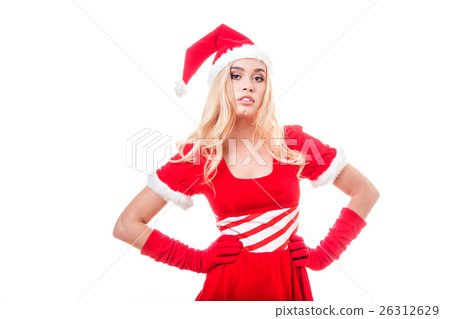Beautiful blonde woman in dress and Santa's hat Beautiful blonde woman in dress and Santa's hat 26312629
