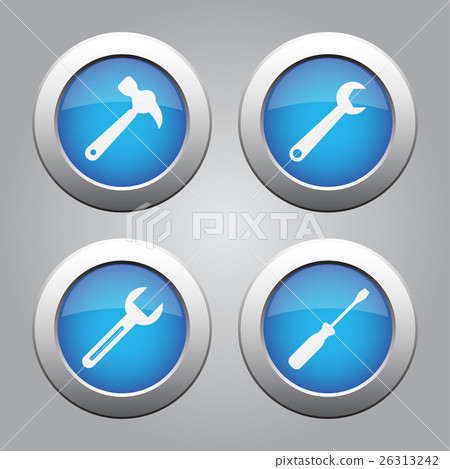 blue metallic buttons set, white tools icons 26313242