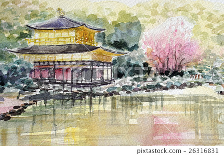 金閣寺世界遺產的素描京都觀光金閣寺京都旅游水彩畫-插圖素材[26316831