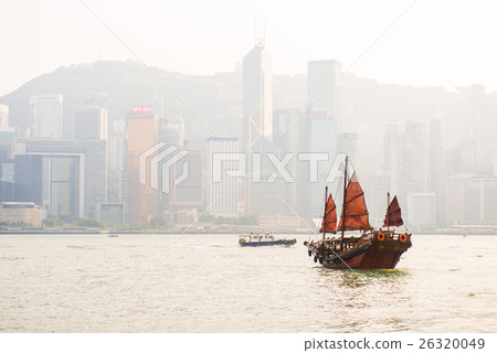 Chinese wooden sailing ship with red sails  26320049
