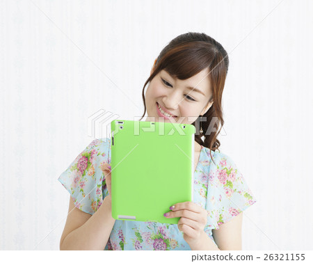 Tablet female young lady smile net shopping communication education mail order sales college life lifestyle Tablet female young lady smile net shopping communication education mail order sales college life lifestyle 26321155