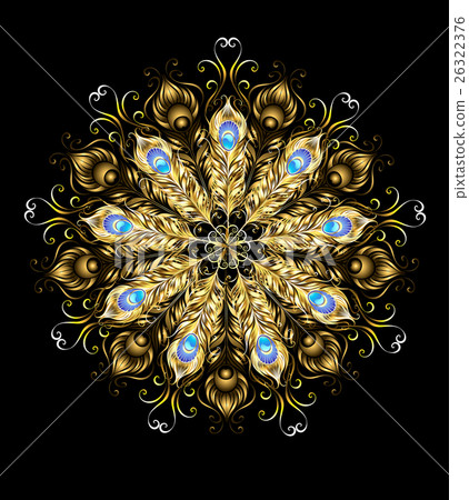 Mandala of the golden peacock feathers 26322376