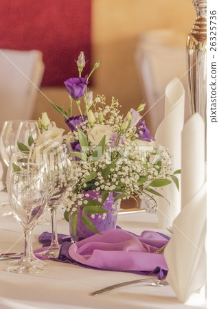 Premium dinner gala table flowers napkins glasses 26325736