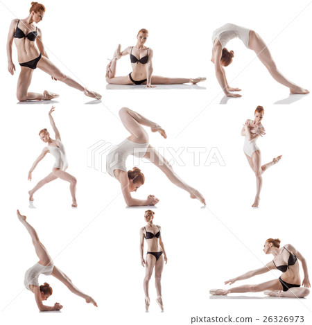 Dance. Collage of flexible woman posing at camera 26326973