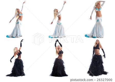 Set of blonde posing in costumes for belly dance Set of blonde posing in costumes for belly dance 26327000