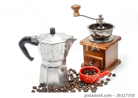 Cup of coffee with coffee maker on white 26327350