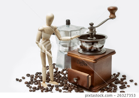 Cup of coffee with coffee maker on white  26327353