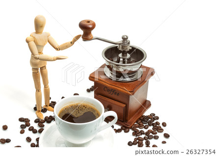 Cup of coffee with coffee maker on white  26327354
