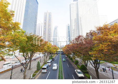 High-rise building in the office town and street trees that turn red 26331287