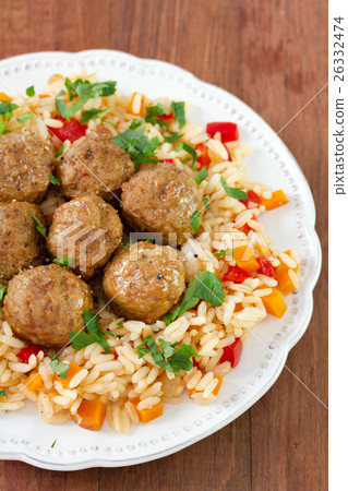 meatballs with rice on plate 26332474