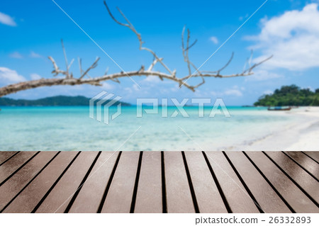 Wood table top on blurred branch sea beach 26332893