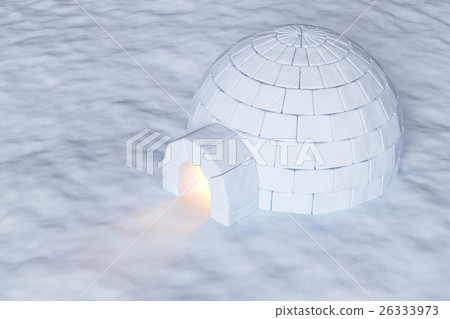 Igloo icehouse with warm light on snow aerial view Igloo icehouse with warm light on snow aerial view 26333973