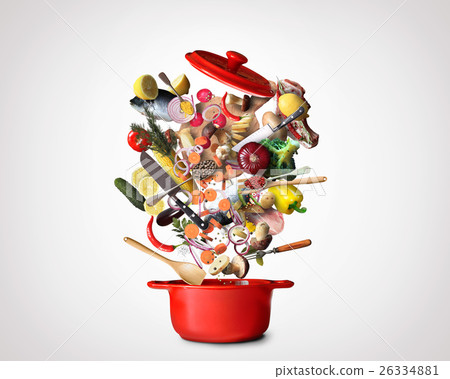 Big red pot with vegetables and meat 26334881