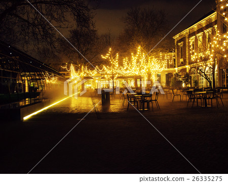 empty night restaurant, lot of tables and chairs empty night restaurant, lot of tables and chairs 26335275