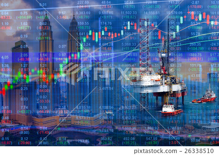 Stock market concept with oil rig and cityscape Stock market concept with oil rig and cityscape 26338510