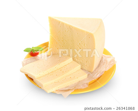 Cheese on yellow plate isolated white background 26341868