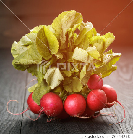bunch of fresh organic radish on wood table bunch of fresh organic radish on wood table 26344238