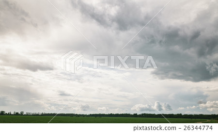 beautiful clouds over green field and forest 26344774