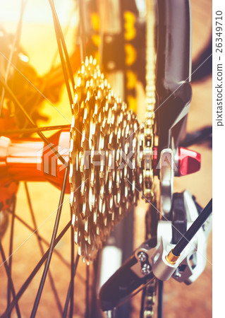 Closeup gear mountain bike wheel and disc brake. 26349710