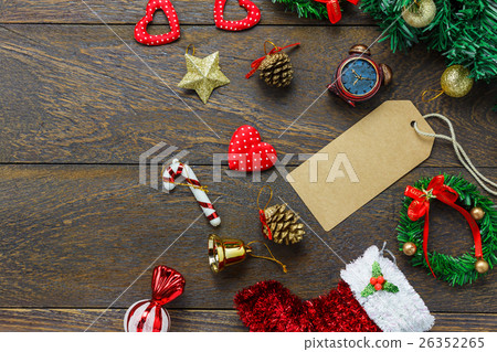 Top view greeting card with Christmas decoration. 26352265