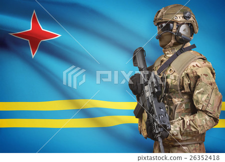 Soldier in helmet holding machine gun with flag on background series - Aruba Soldier in helmet holding machine gun with flag on background series - Aruba 26352418