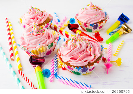Birthday party concept with pink cupcakes Birthday party concept with pink cupcakes 26360795