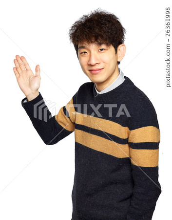 Asian young business man hold show open empty palm 26361998